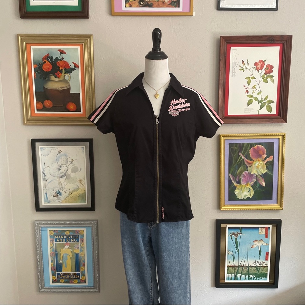 Harley-Davidson Black Short Sleeve Zip Polo with Pink and White Stripes